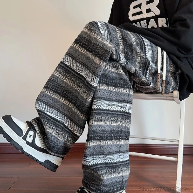 Threebooy Wide Leg Pants Men Women Autumn Winter Fashion Casual Straight Pants Loose Mopping Pants Harajuku Vintage Striped Black/Coffee