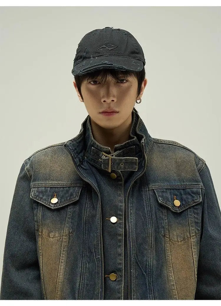 Threebooy Vintage Denim Jacket Man Woman Short Zipper Single Breasted Cowboy Crop Coats Blue Washed Stand Collar Unisex Jeans Outerwear