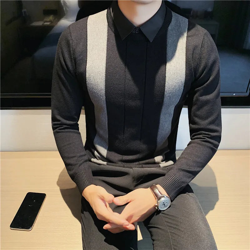 Threebooy Korean Style Men Keep Warm In Autumn Fake 2 Pieces Shirt Collar Knit Sweaters/Male Slim Fit Stripe Fashion Casual Knit Pullover