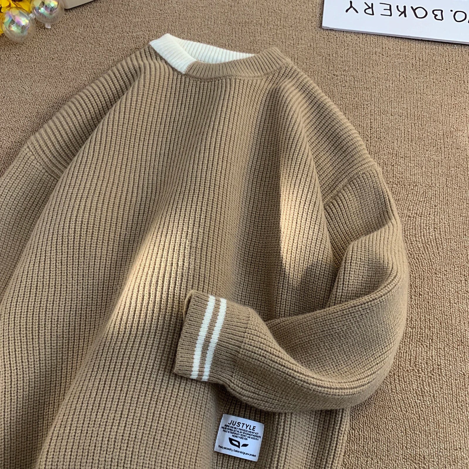 Threebooy Men Retro Color Collision Twist Sweater Loose Fit Round Neck Knit Jumper Pullover Autumn Winter Casual 4 Colors Knitted Sweaters