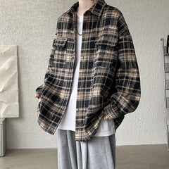 Threebooy Winter Short Woolen Coat Men Warm Oversized Retro Plaid Woolen Jacket Men Streetwear Korean Loose Thick Woolen Coat Mens Jackets