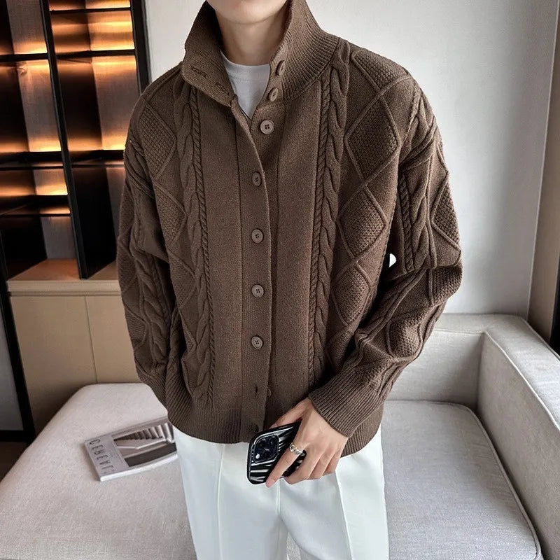 Threebooy  New Korean Style Jacquard Men Cardigan Jackets Fashion Luxury Knitted Button-down  Long Sleeve Sweater Coat Winter Warm Knitwear