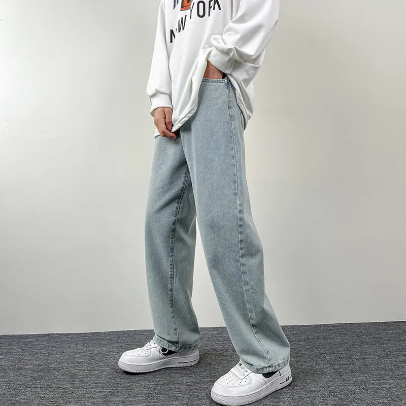 Threebooy New Korean Fashion Men's Casual Baggy Long Jeans Classic Man Straight Denim Wide-leg Pants Solid Color