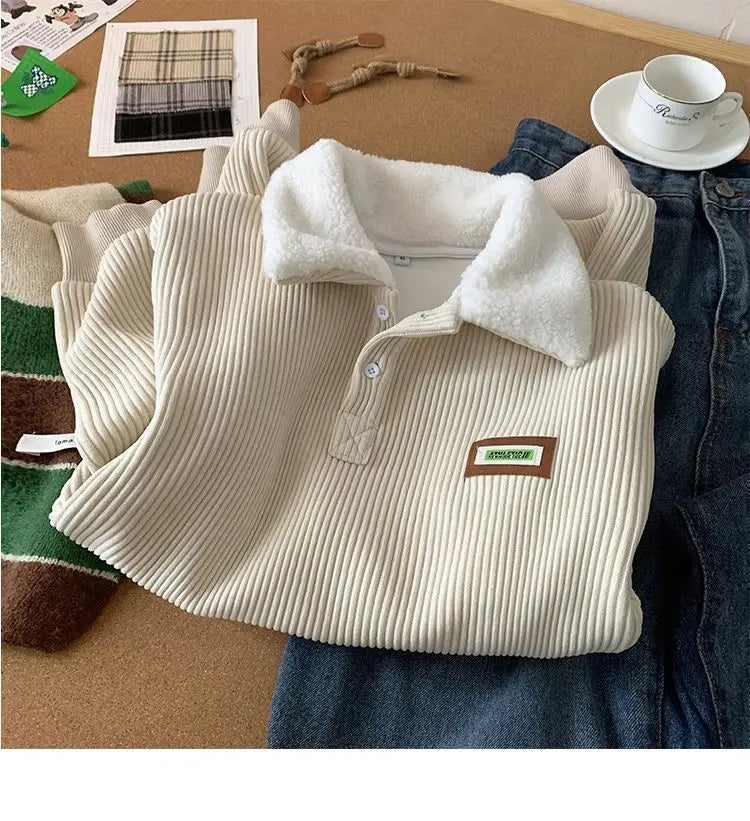 Threebooy Men's Corduroy Polo Shirt Sweater Women's Autumn Winter Fleece Thick Coat Turndown Collar Buttons Long Sleeves Warm Tops