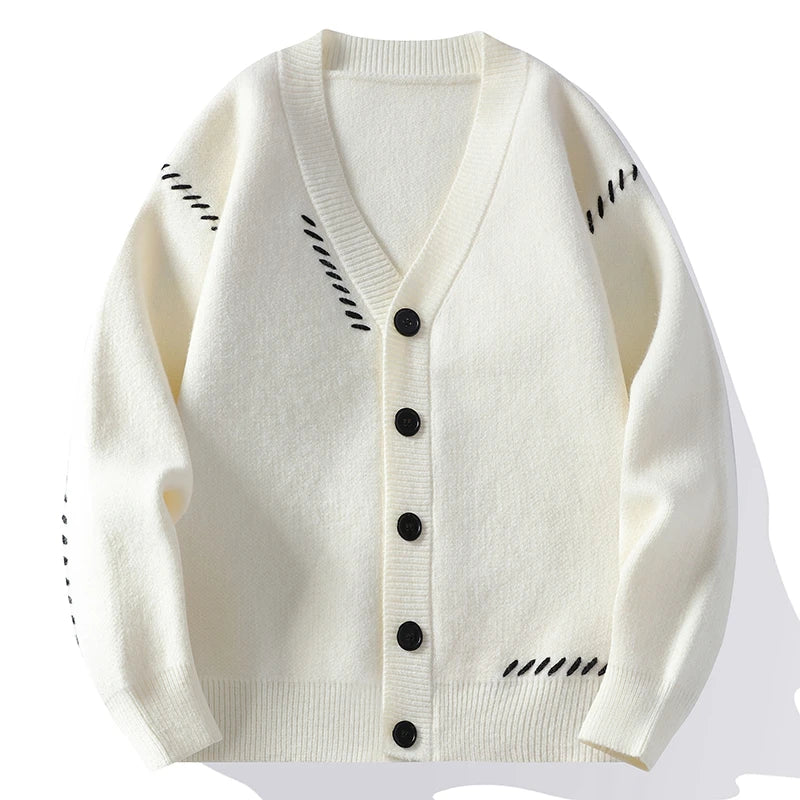 Threebooy Autumn Winter V-Neck Knit Cardigan Men Harajuku Patchwork Loose Knitted Sweater Outerwear Coat Mens Fashion Casual Streetwear