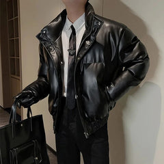 Threebooy  Korean Fashion High-Grade Pu Leather Mens Cotton-Padded Jacket Winter Stand-Up Collar Thick Warm Motorcycle Cotton Jacket Men