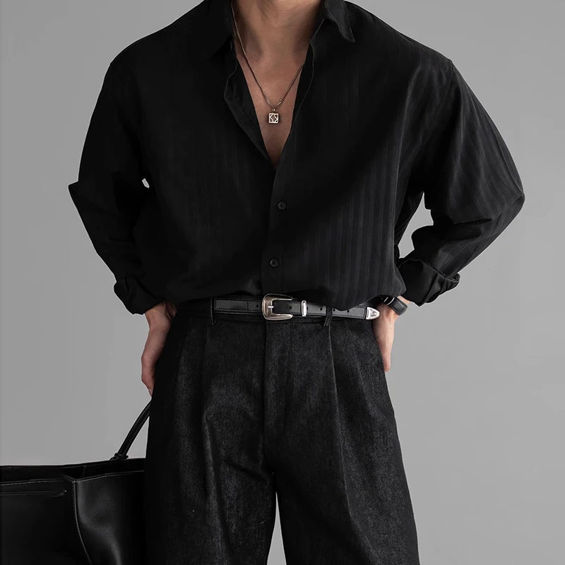 Threebooy  New Korean Fashion Men Shirts Light Luxury Textured Business Striped Long Sleeve Cardigan Tops Leisure High Quality Blouse M-2XL