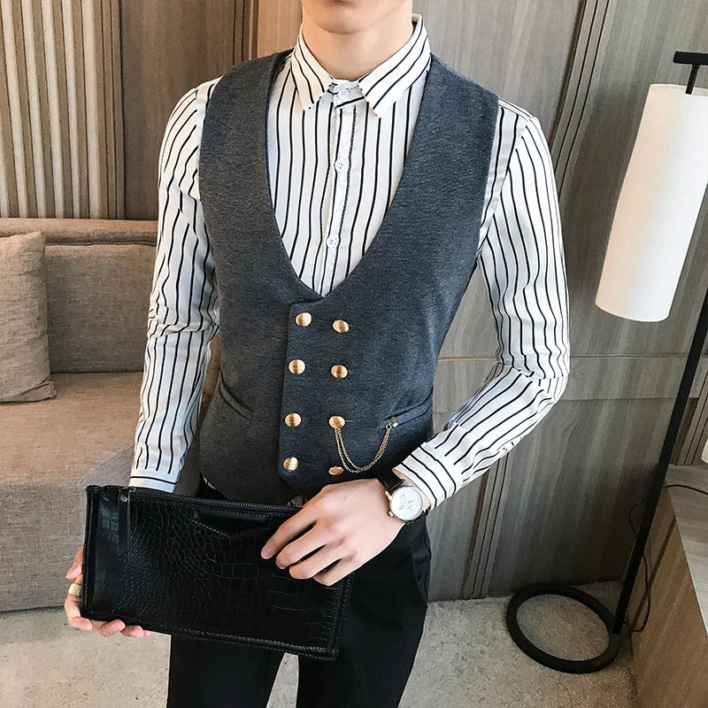 Threebooy Slim Fit Men Vest with Double Breasted One Piece Custom Male Suit Wasitcoat Peaked Lapel Wedding Gromsmen Waist Coat New