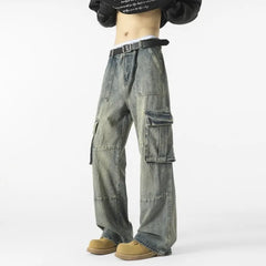 Threebooy Mens Loose Fit Straight Wide Leg Cargo Jeans outdoor Multi Pocket Patchwork Denim Pants Trending Streetwear Utility Style
