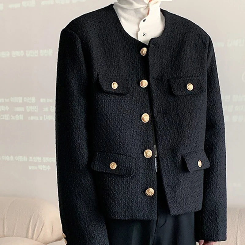 Threebooy Korean Style Fashionable Tweed Round Neck Jacket Men Japanese Trendy High-end Single-breasted Short Jacket with Temperament