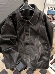 Threebooy American Retro PU Leather Jacket Boys Autumn Winter Trendy Loose Handsome Windproof Motorcycle Jacket with Lapel Leather Jacket