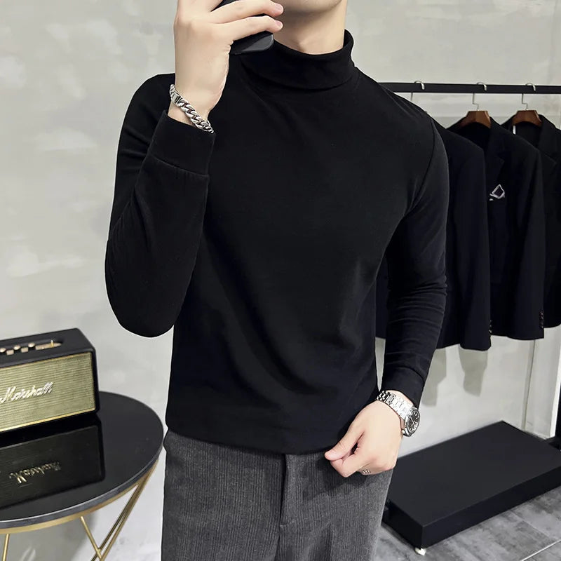 Threebooy  British Quality Leisure Men Long Sleeve T-shirt/Male Slim Fit High Quality High Collar Fashion T-shirt/Man Spring Pullover