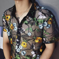 Threebooy Luxe Mesh Transparent Shirt  Summer Short Sleeve Shirt Flower Lace Shirt Embroidery See Through Sexy Shirt Men Chemise Homme