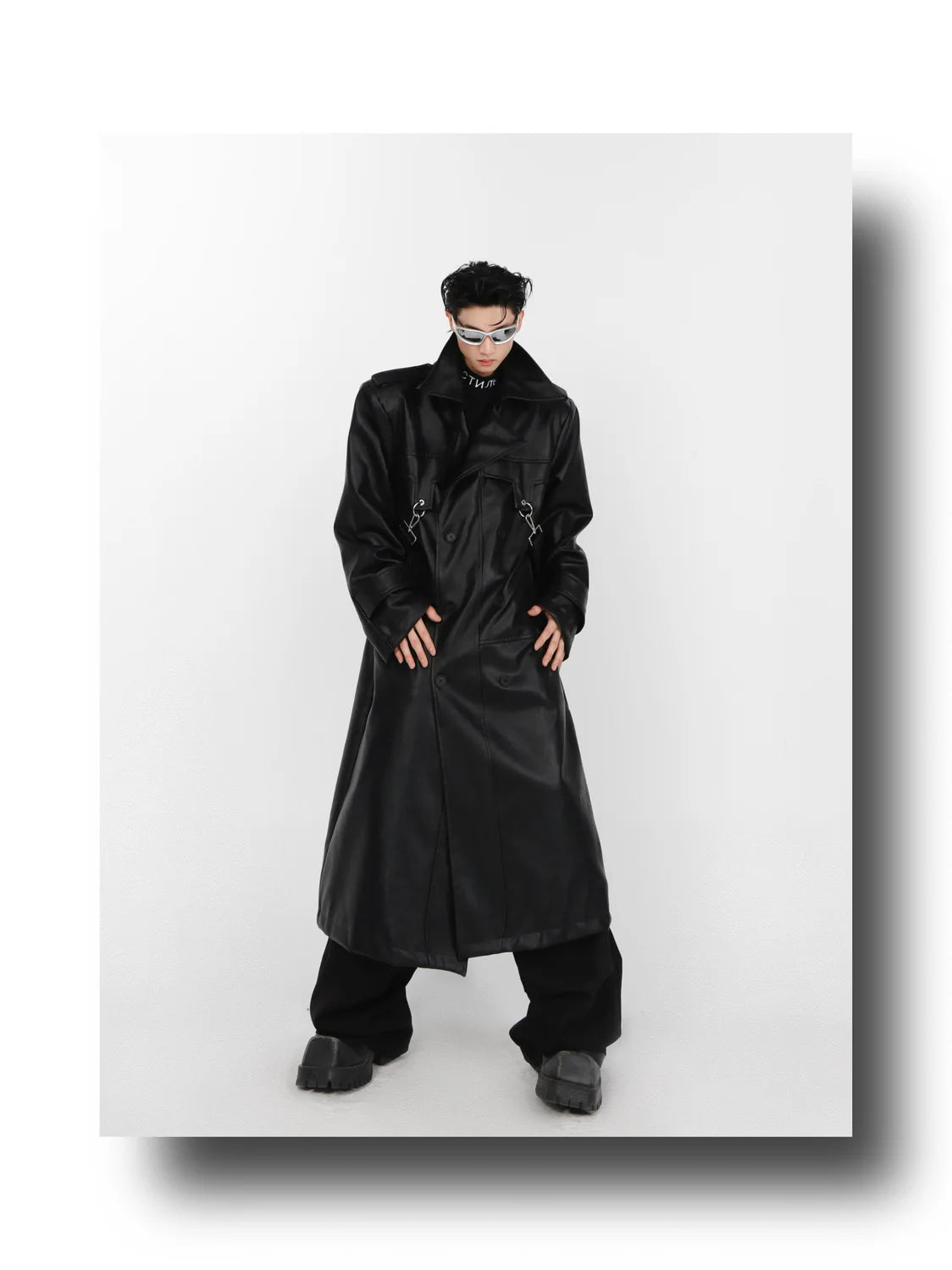 Threebooy Niche Pu Leather Coat Metal Zipper Double-layer Splicing Design Windbreaker Over Knee Jacket Men High Street Top Punk Streetwear