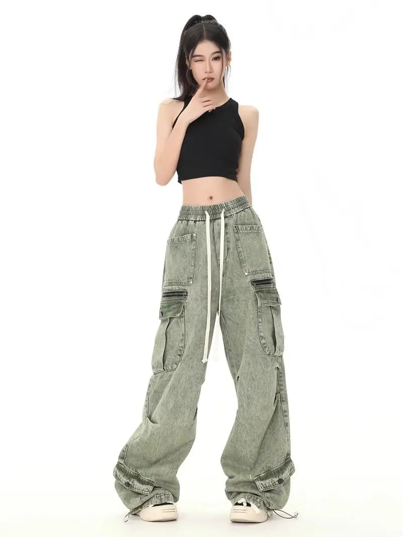 Threebooy Hip hop retro high street men and women trendy personalized washed workwear jeans for couples loose straight leg casual pants