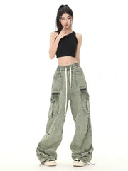 Threebooy Hip hop retro high street men and women trendy personalized washed workwear jeans for couples loose straight leg casual pants