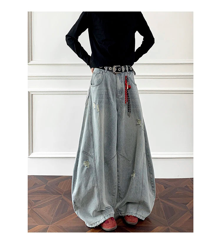 Threebooy Loose Fit Jeans Men Baggy Wide Leg Denim Pants Patchwork Ripped Light Blue Wash Hip Hop Streetwear Fashion New 2025 autumn jeans