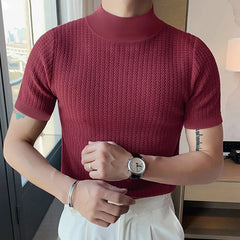 Threebooy  New Summer Fashion Tight T-shirt Casual Streetwear Textured High-neck Solid Color Short-sleeved Bottoming Tees Korean Style Tops