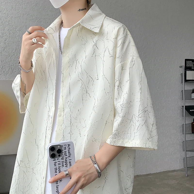 Threebooy White/Black Men Shirt Texture Lapel Short Sleeve Korean Casual Shirts 2024 High Quality Streetwear Summer Leisure Men Clothing