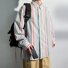 Threebooy  Spring Autumn Men's New Splicing Square Collar Button Stripe Fashion Minimalist Casual Loose All-match Long Sleeve Shirts