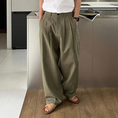 Threebooy  Men's Korean Light Luxury Draped Linen Wide Leg Pants Leisure Button-down Solid Color Straight Premium Elegant Sweatpants M-3XL