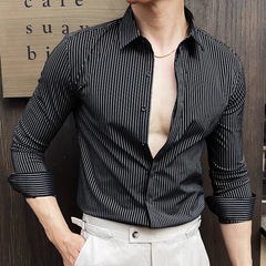 Threebooy  Men Striped Shirt Spring Summer Slim Fit Casual Non Iron Long Sleeve Business