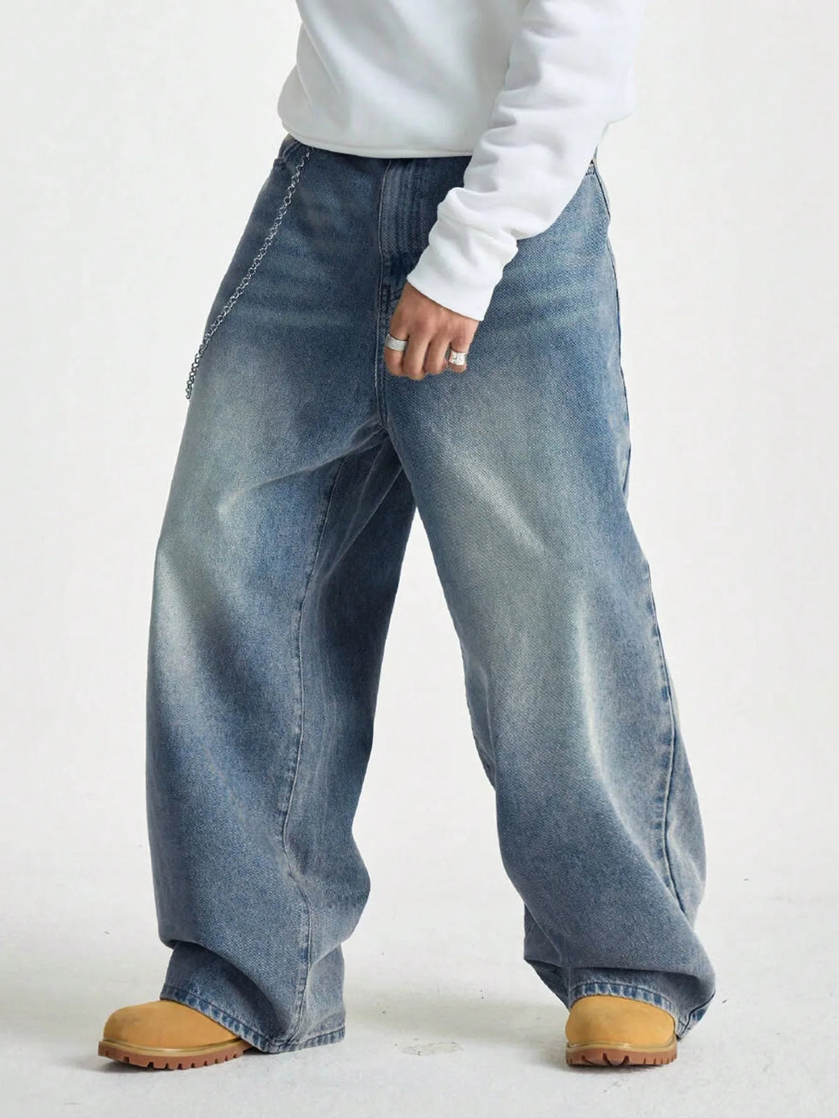 Threebooy  1Pc Men's Wide Pants Brushed Jeans Wide Jeans Y2K New Rocks Jeans Buggy Black Hip-Hop Pants