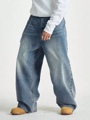 Threebooy  1Pc Men's Wide Pants Brushed Jeans Wide Jeans Y2K New Rocks Jeans Buggy Black Hip-Hop Pants