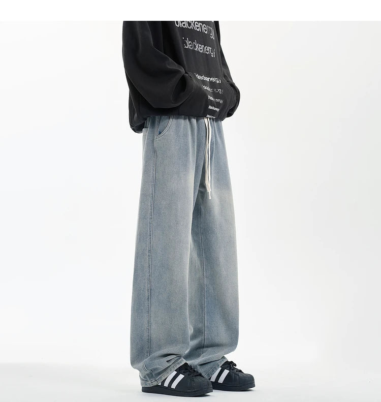 Threebooy New Men's Jeans Washed Jeans Pants Unisex Drawstring Denim Pants Male Streetwear Korean Straight cylinder loose Cowboy Trousers