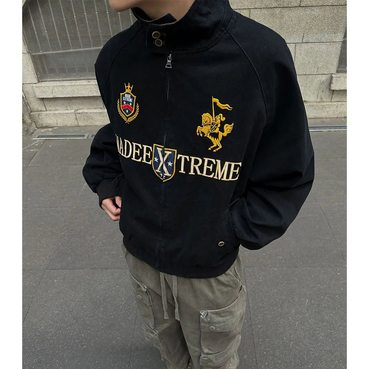 Threebooy American Retro High-end Fashion High Street Jacket Men Women Couple Autumn Winter Trendy Splicing Embroidered Short Men's Jacket