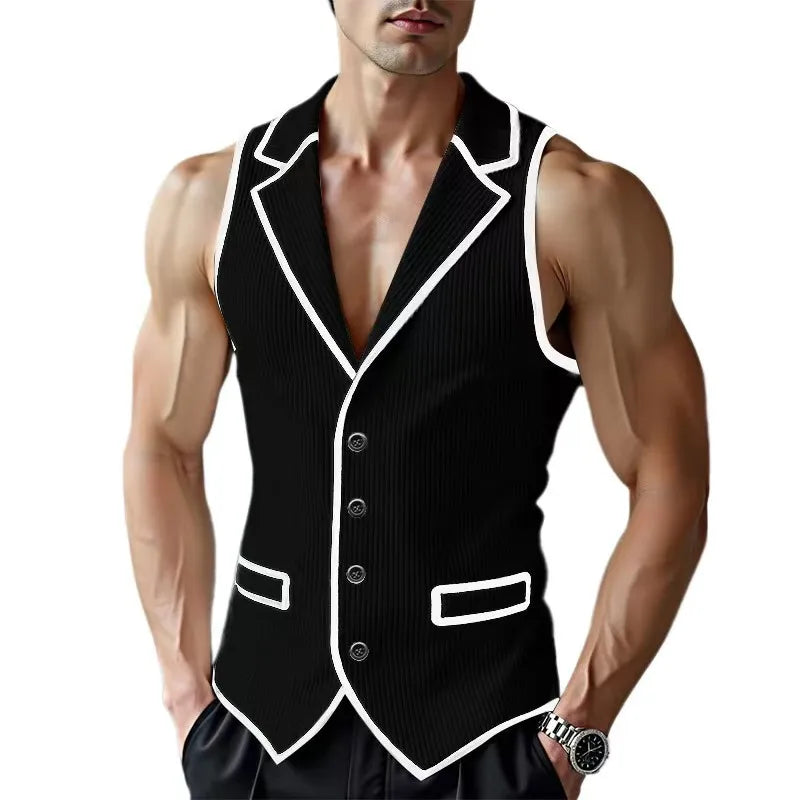 Threebooy  Summer New Men's Corduroy Sleeveless Shirt Contrasting Color Edging Lapel Clothing Retro Muscles Top Fashion Sexy Men Loose Vest