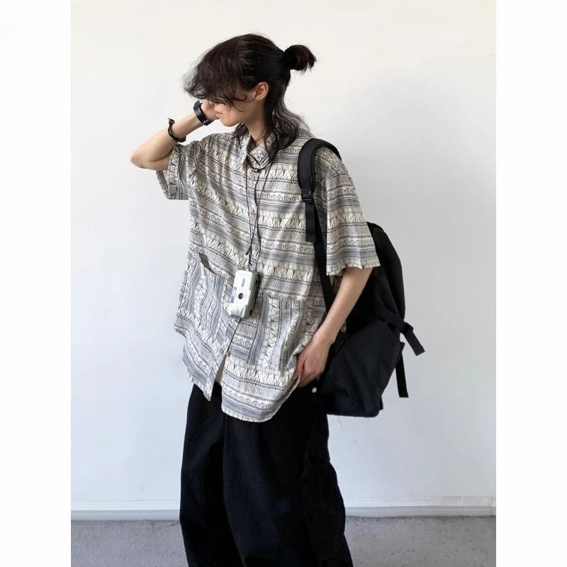 Threebooy Japanese Retro Blouse Loose Ethnic Short-sleeved Shirt Men Women Korean Summer Fashion High-end College Style Versatile Shirt