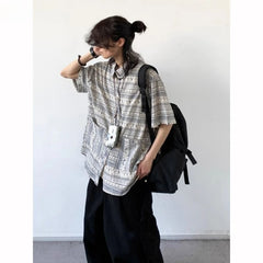 Threebooy Japanese Retro Blouse Loose Ethnic Short-sleeved Shirt Men Women Korean Summer Fashion High-end College Style Versatile Shirt