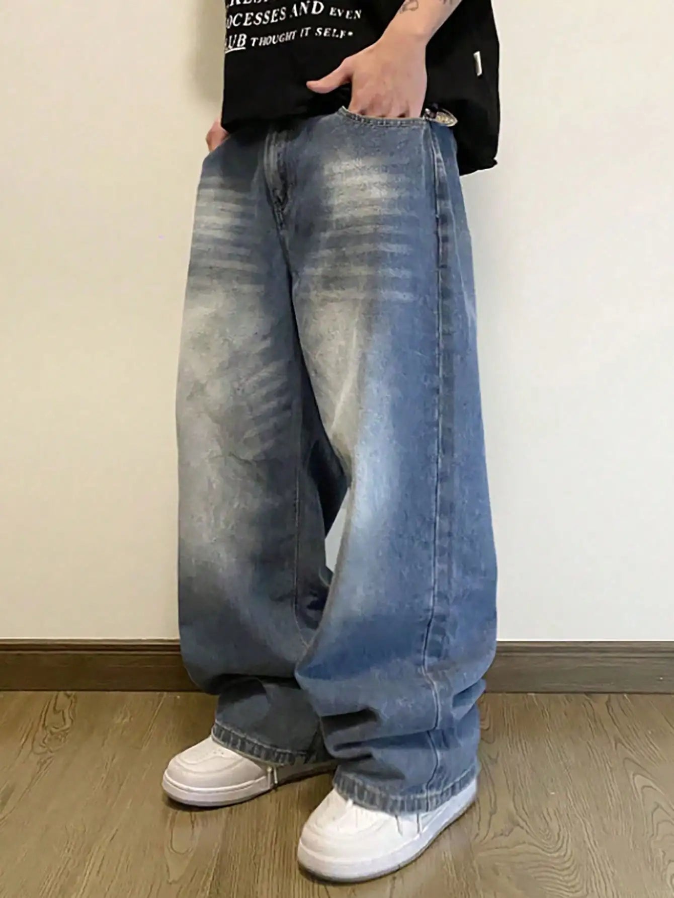 Threebooy  Summer Men's Denim Pants Old Blue Washed Male Baggy Jeans Four Seasons Straight Casual Menwear Loose Wide Leg Trousers Fashion