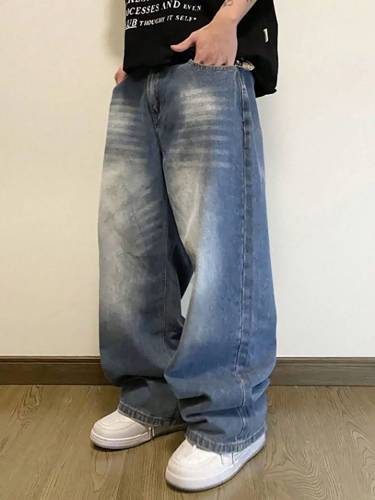 Threebooy  Summer Men's Denim Pants Old Blue Washed Male Baggy Jeans Four Seasons Straight Casual Menwear Loose Wide Leg Trousers Fashion