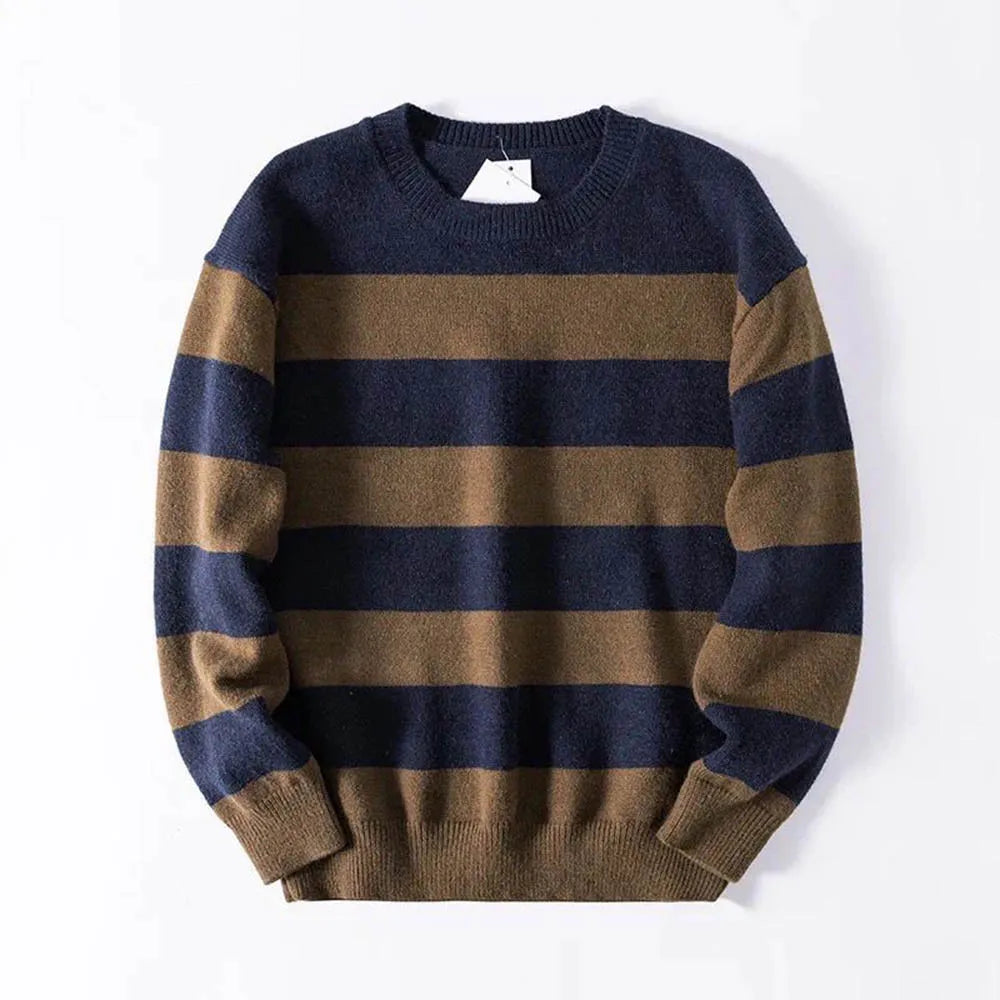 Threebooy  Autumn New Men's Contrast Color Striped Long-Sleeved Sweater Retro Fashion Trend Street Hip-Hop Loose Casual Niche Men's Tops