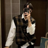 Threebooy Knitted Sweaters for Men Plaid V Neck Man Clothes Waistcoat Sleeveless Vest Casual Korean Autumn Y2k Streetwear Elegant