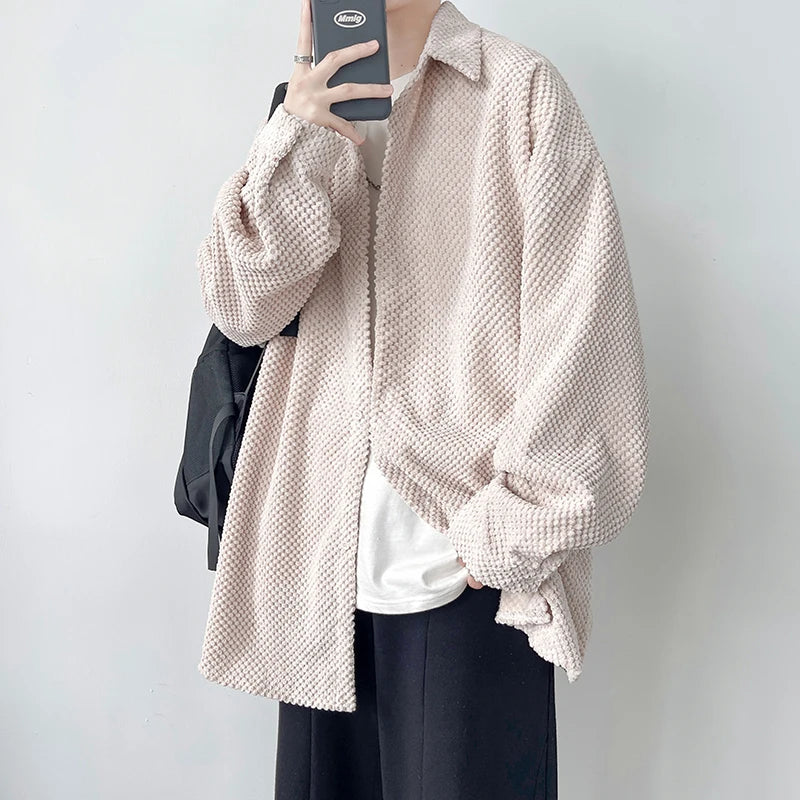 Threebooy Pineapple Velvet Men's Casual Long Sleeve Button Shirt Coat Outwear Autumn Turn Down Collar Oversize Shirts Red/Black/Dark Gray