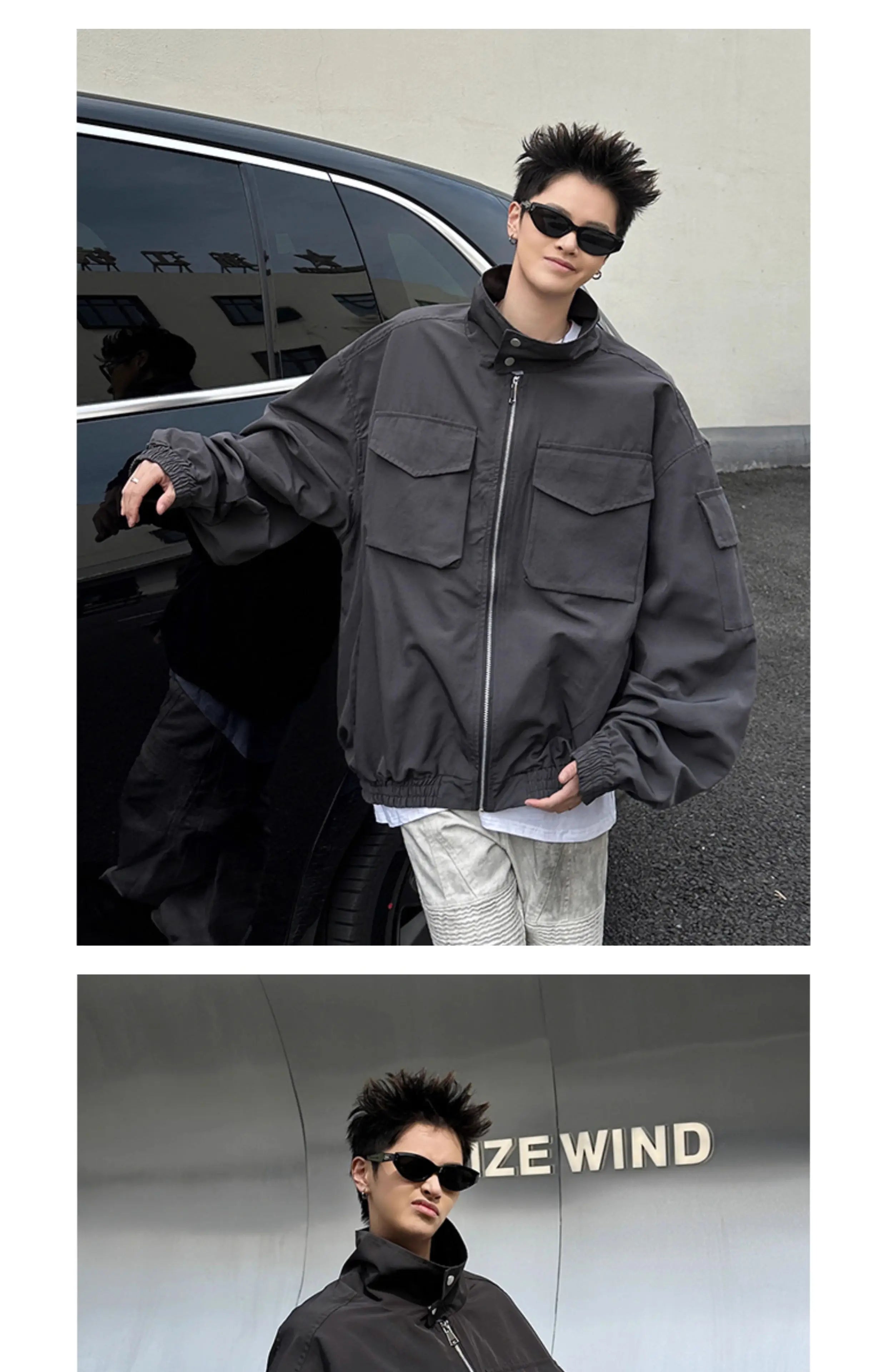 Threebooy Outdoor Work Jacket Men's Spring Autumn American Retro Zipper Coat Silhouette Bomber Handsome High Street Flying Work Jacket