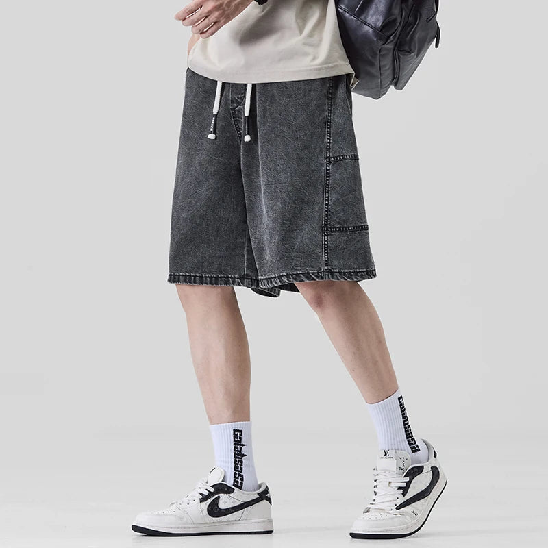 Threebooy  Summer Men's Ice Silk Denim Shorts American Fashion Brand Loose Straight Leg Comfortable Casual Five Quarter Pants