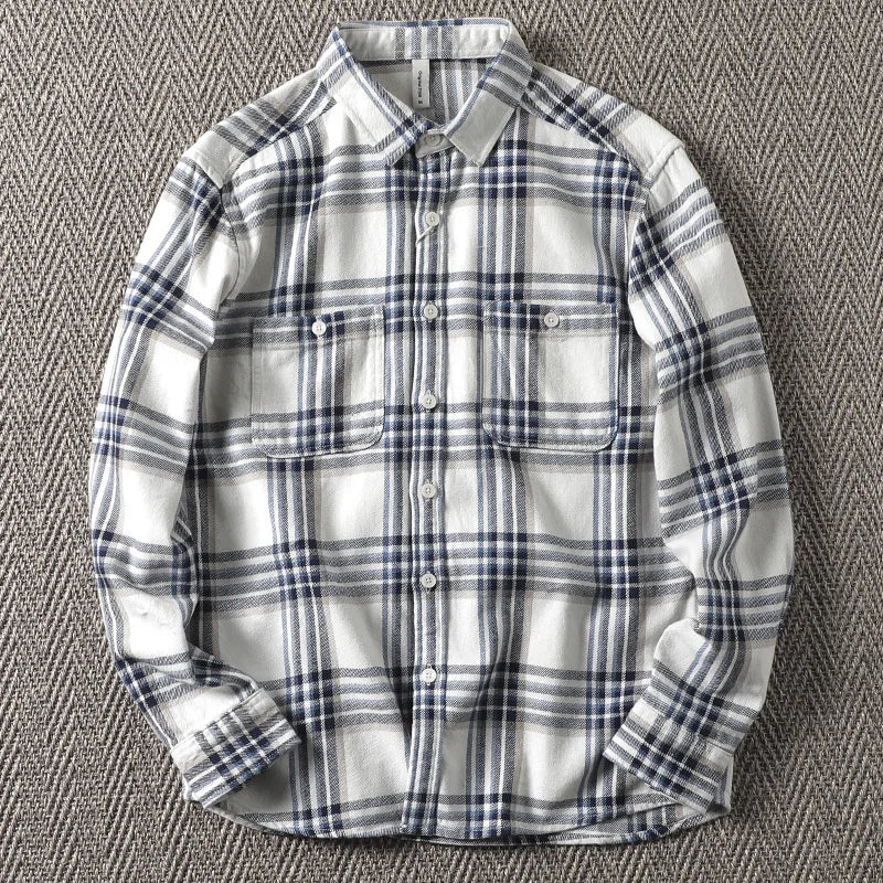 Threebooy  Spring Autumn Heavyweight Pure Cotton Checkered Shirt Male Clothing Simple Versatile Men's Casual Long Sleeve Plaid Shirt Jacket