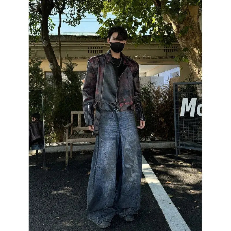 Threebooy American Retro Short Motorcycle Leather Jacket Men's High-end Fashion Spring Autumn Niche Design Trendy High-end Jacket Chic