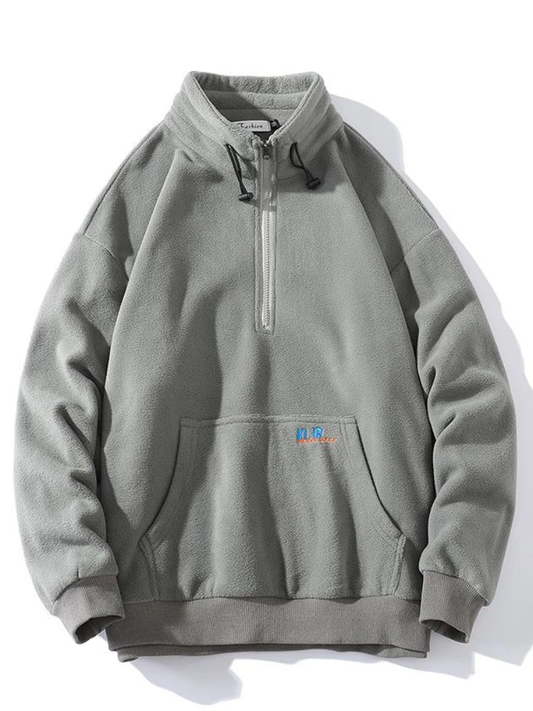 Threebooy Half-zip Hoodless Sweatshirt Autumn Winter Stand-up Collar Shirt Oversize Velevet Tops Lovers Trend Polar Fleece Jacket
