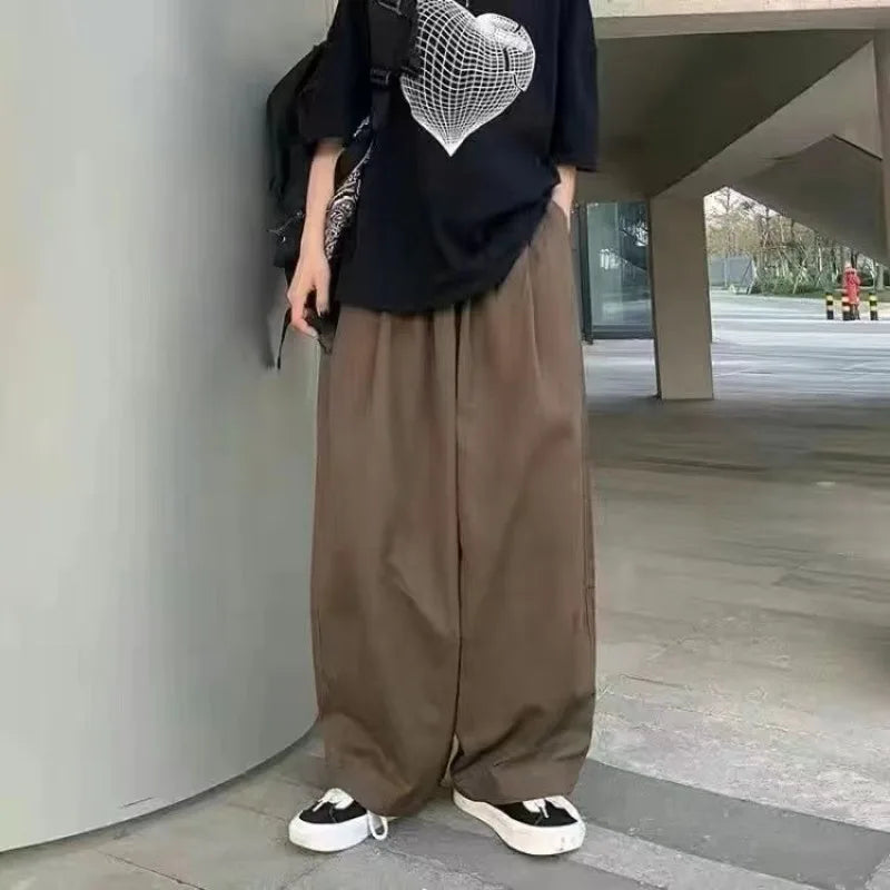 Threebooy  Japanese Retro Loose Wide-leg Pants for Men Women Versatile Elastic Waist Trendy Casual Straight Leg
