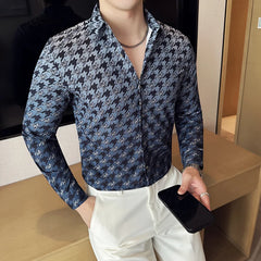 Threebooy  Brand Thousand Bird Grid Gradient Printed Men's Shirt Long Sleeve Slim Casual Shirts Fashion Social Business Dress Shirt