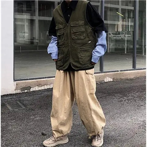 Threebooy Cargo High-end Vest Korean Style Streetwear Japanese Retro Functional Multi-pocket Work Solid Color Pocket Vest Jacket Aesthetic