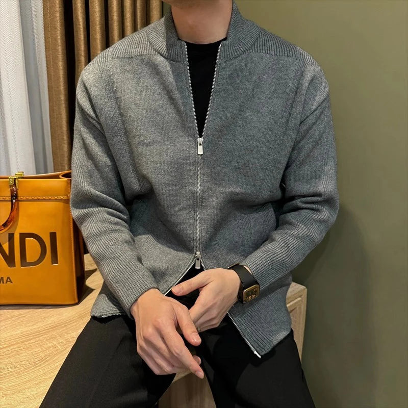 Threebooy  Japanese Stand Collar Men Cardigan Jacket Light Luxury Trendy Knitted Zip-up Long Sleeve Sweater Coat Premium Quality Knitwear