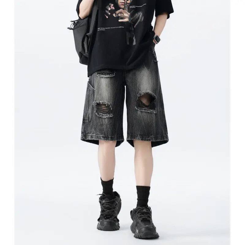Threebooy  Distressed Denim Shorts mens Ripped Pocket Streetwear Summer Fashion Trendy Urban Vintage Casual Women Men Comfort Stylis
