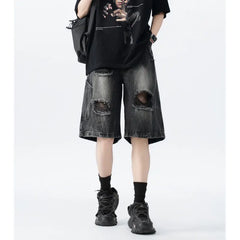 Threebooy  Distressed Denim Shorts mens Ripped Pocket Streetwear Summer Fashion Trendy Urban Vintage Casual Women Men Comfort Stylis