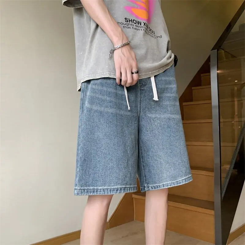 Threebooy  Loose Fit Denim Shorts men Elastic Waist Drawstring Washed Casual Summer Vintage Distressed Streetwear Comfort Stretch Fashion